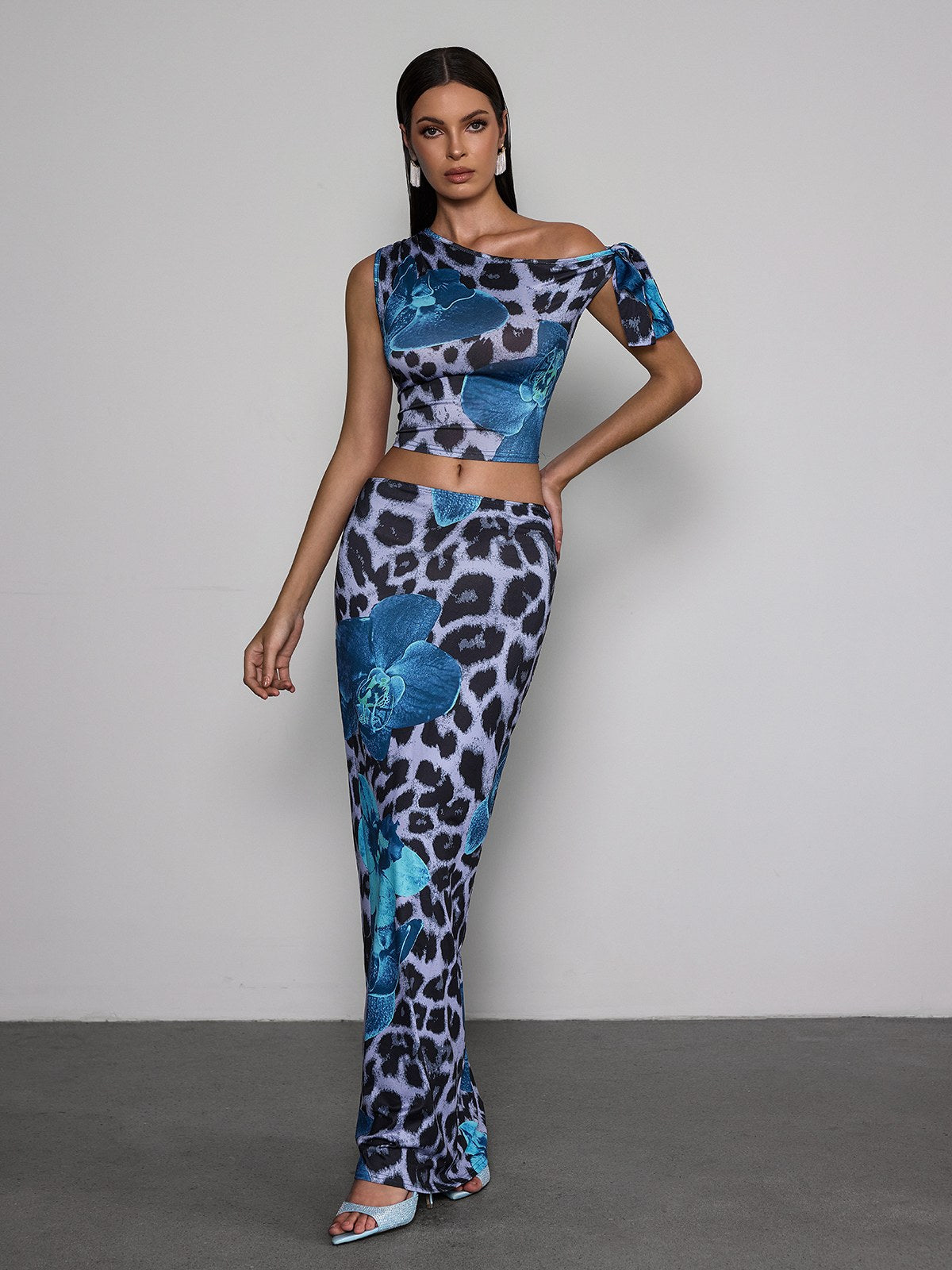 Olarion One Shoulder Floral Leopard Skirt Set