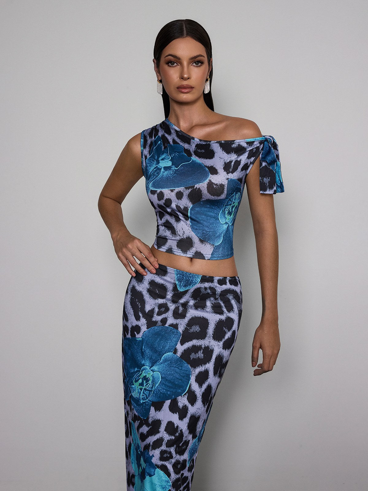 Olarion One Shoulder Floral Leopard Skirt Set