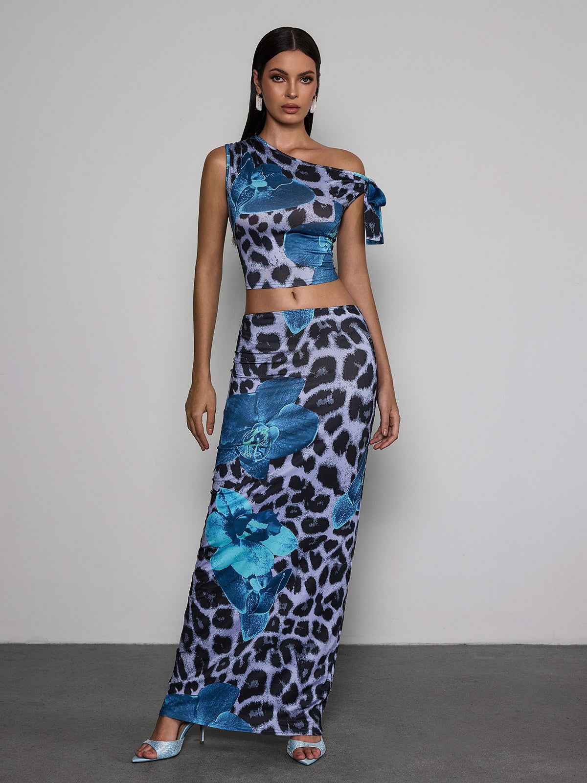 Olarion One Shoulder Floral Leopard Skirt Set