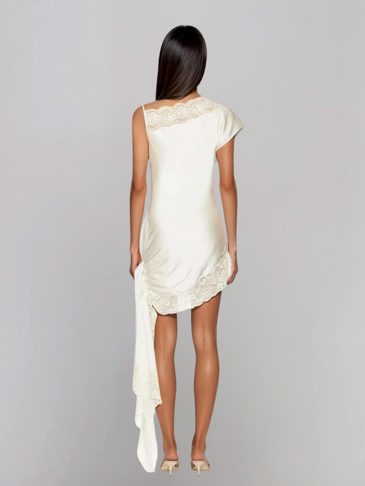 Olvex One Shoulder Lace Draped Mini Dress In White