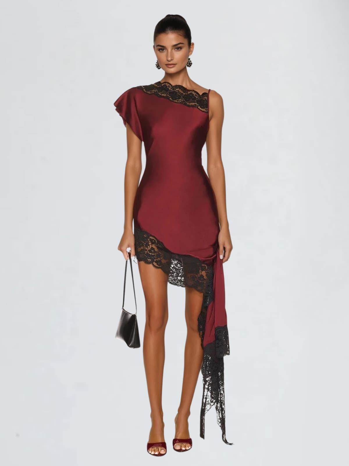 Olvex One Shoulder Lace Draped Mini Dress In Wine