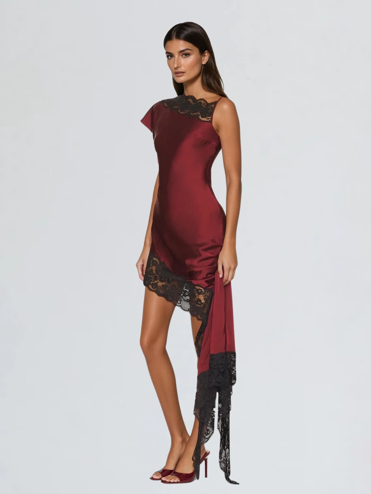 Olvex One Shoulder Lace Draped Mini Dress In Wine