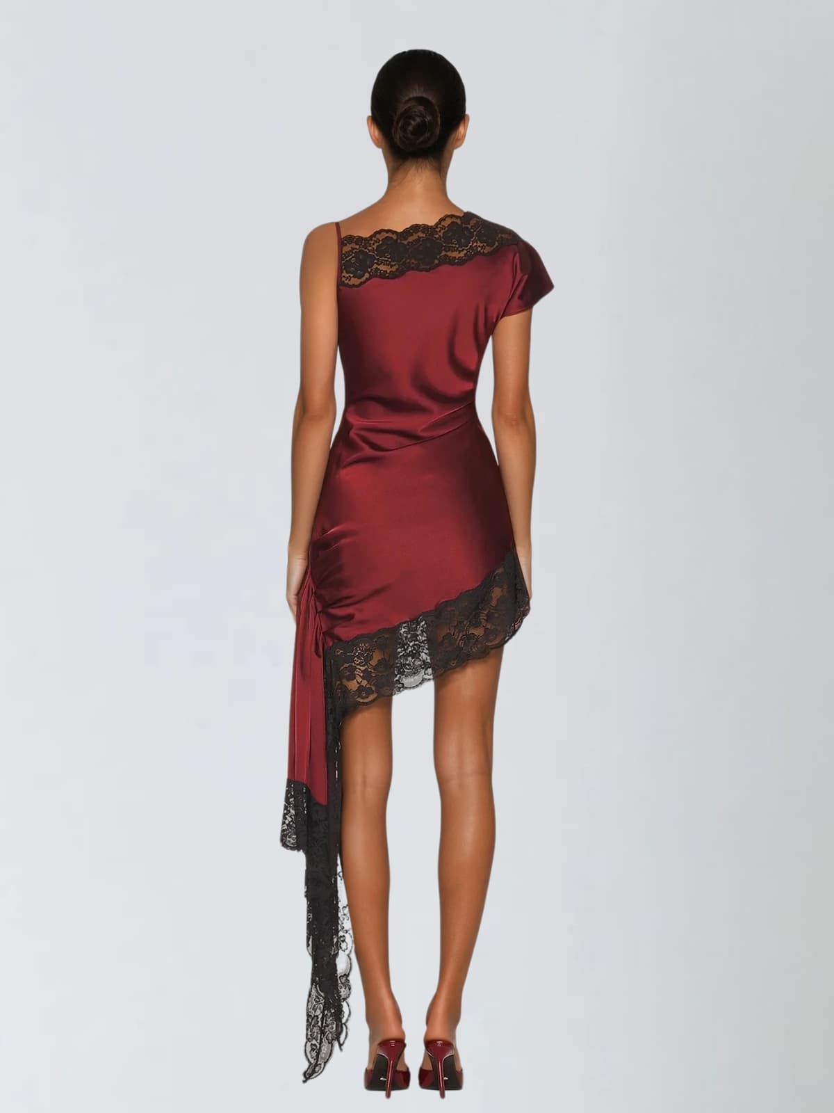 Olvex One Shoulder Lace Draped Mini Dress In Wine