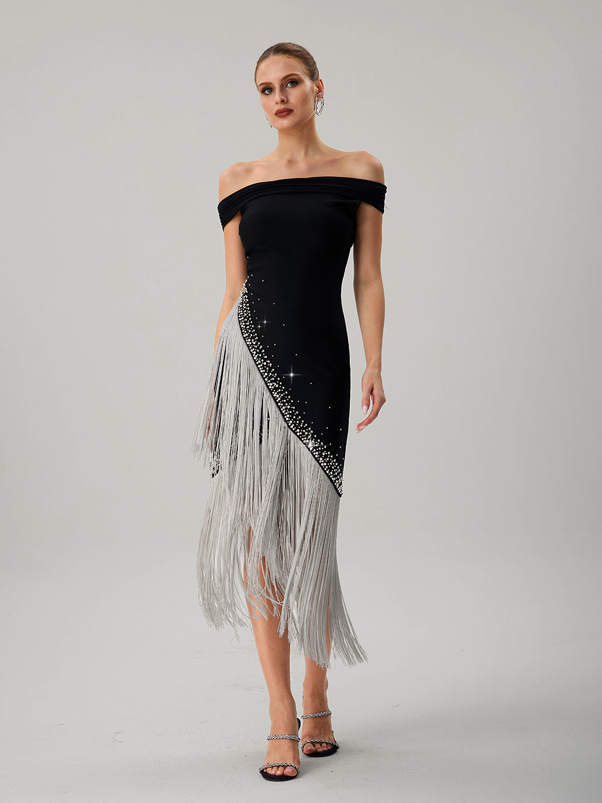 Onatah Off Shoulder Fringe Bandage Midi Dress
