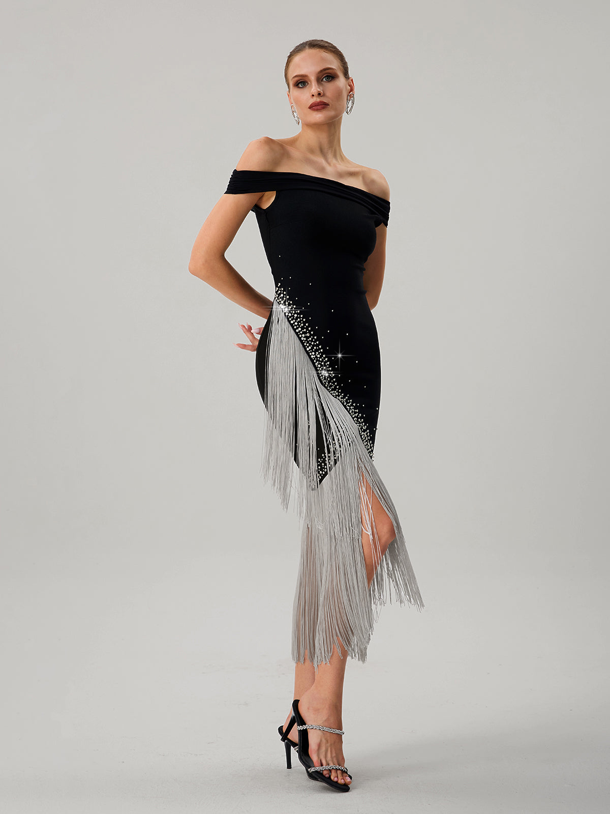 Onatah Off Shoulder Fringe Bandage Midi Dress