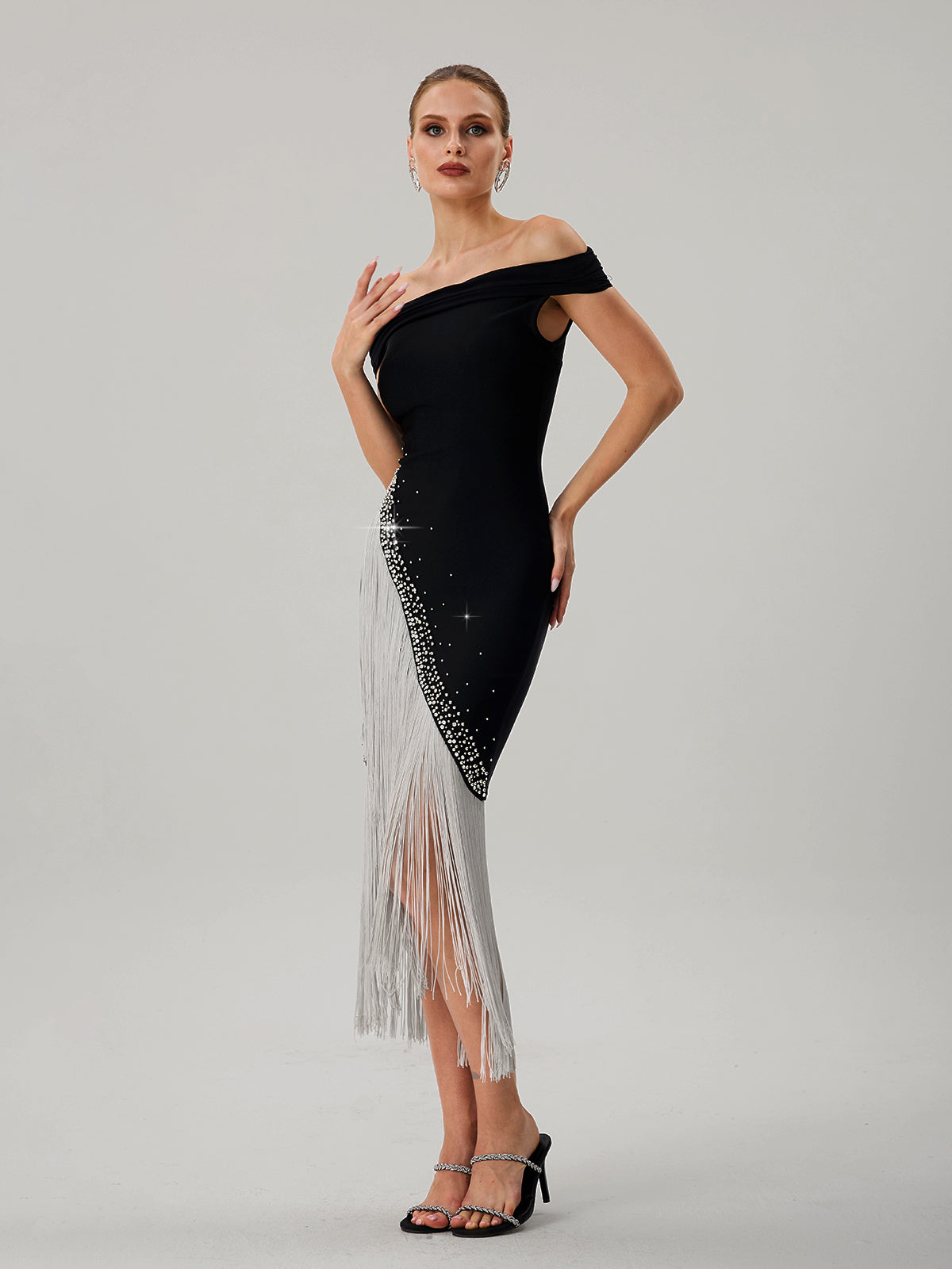 Onatah Off Shoulder Fringe Bandage Midi Dress