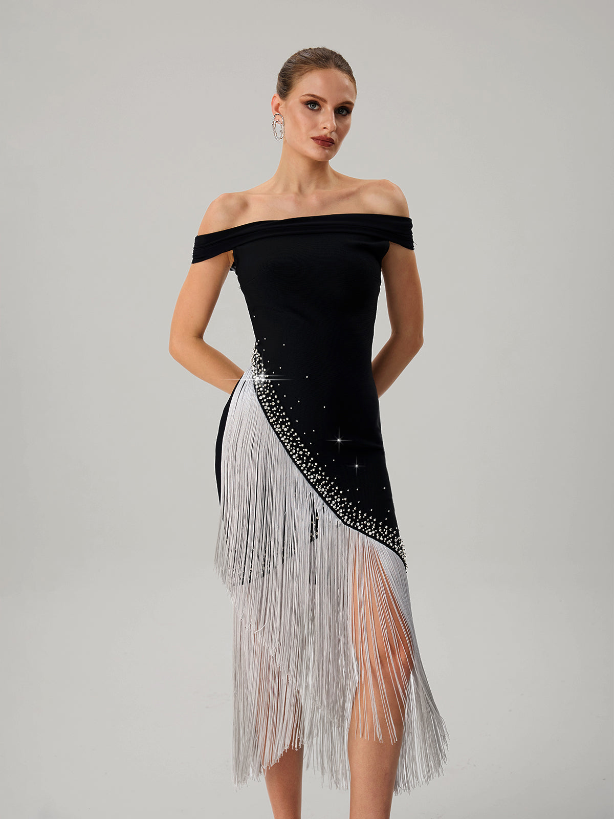 Onatah Off Shoulder Fringe Bandage Midi Dress