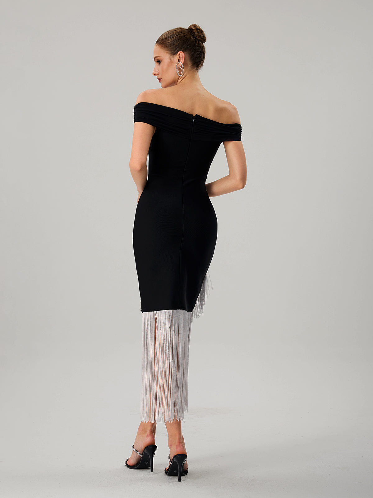 Onatah Off Shoulder Fringe Bandage Midi Dress