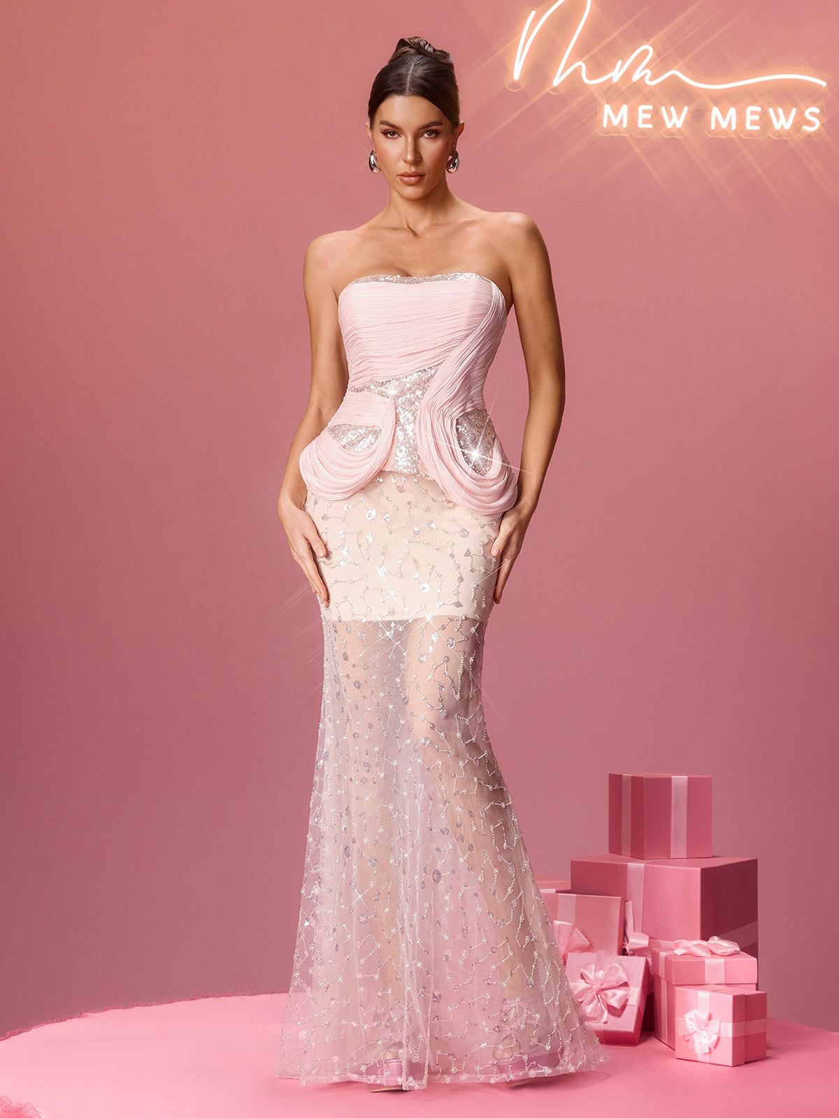 Oryxel Strapless Sequin Pearl Maxi Dress