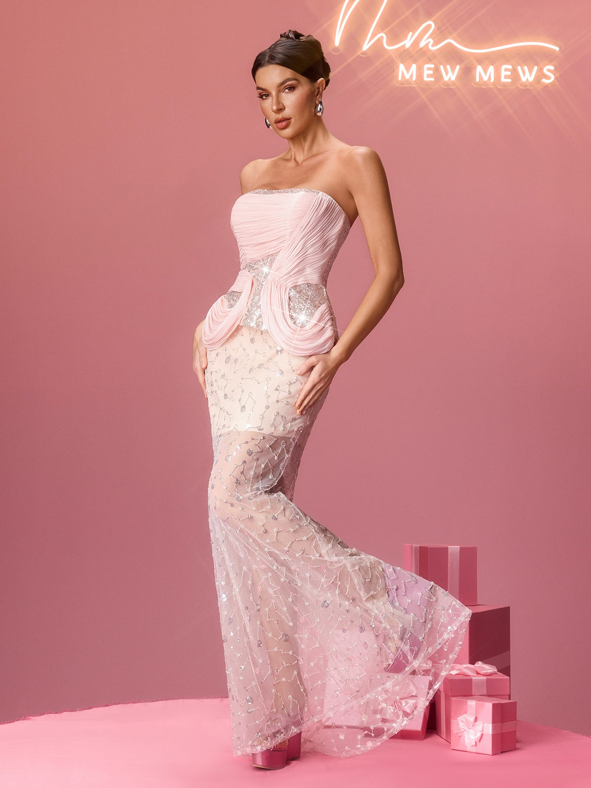 Oryxel Strapless Sequin Pearl Maxi Dress