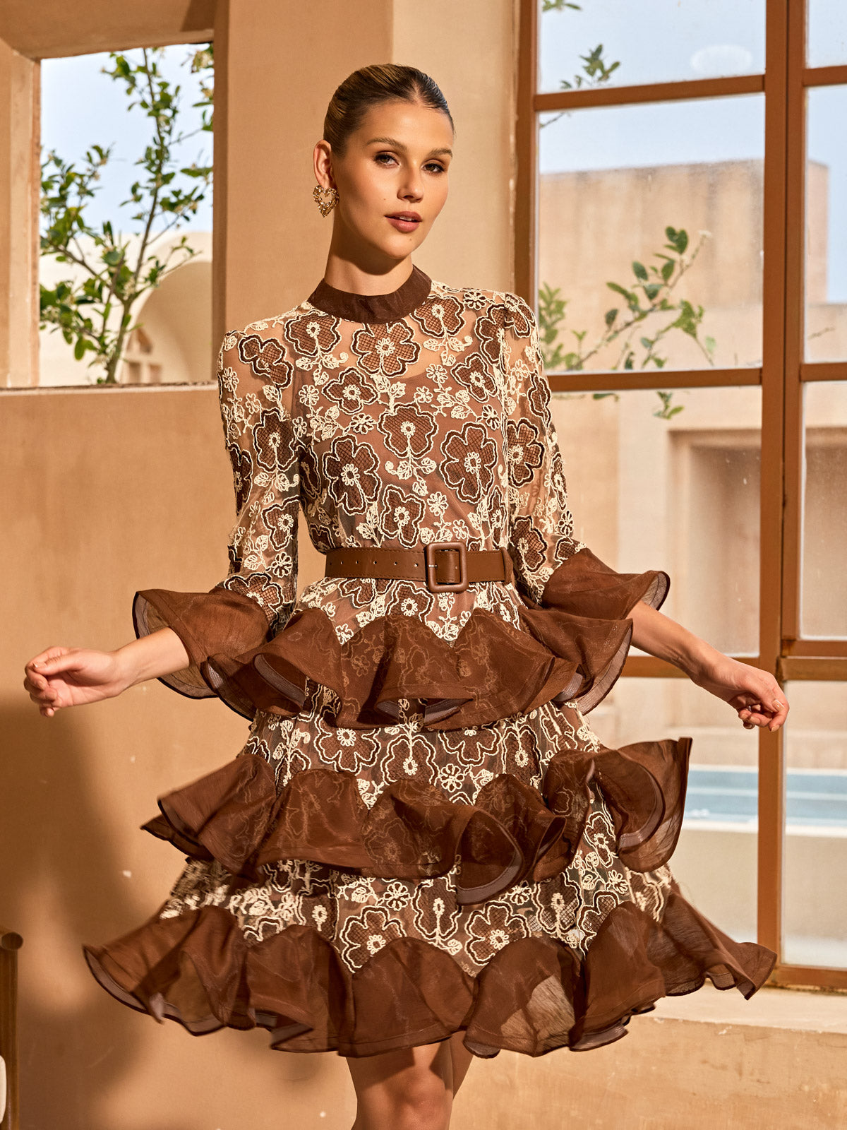 Ovara Lace Flower Ruffle Tiered Mini Dress With Belt