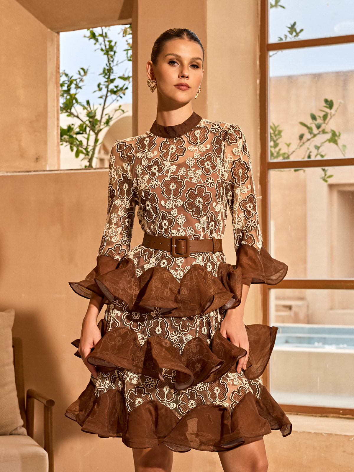 Ovara Lace Flower Ruffle Tiered Mini Dress With Belt