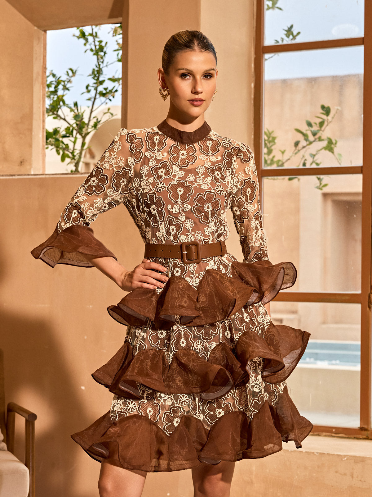 Ovara Lace Flower Ruffle Tiered Mini Dress With Belt