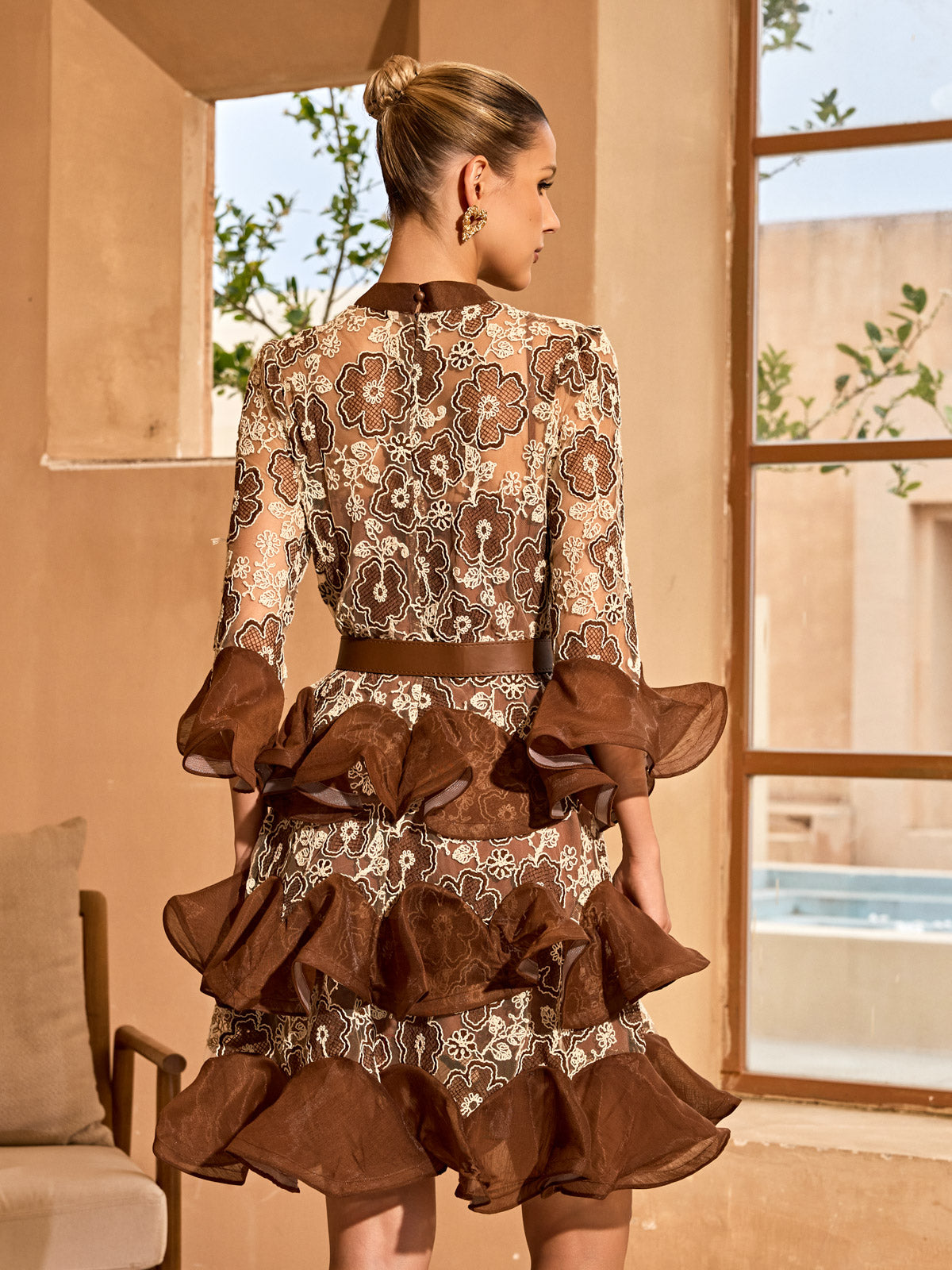 Ovara Lace Flower Ruffle Tiered Mini Dress With Belt