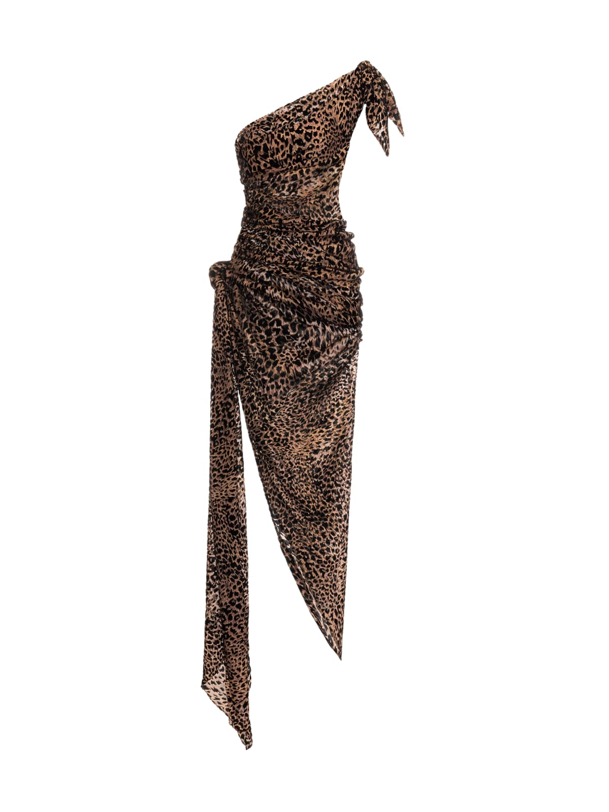 Owena One Shoulder Burnout Split Midi Dress In Leopard