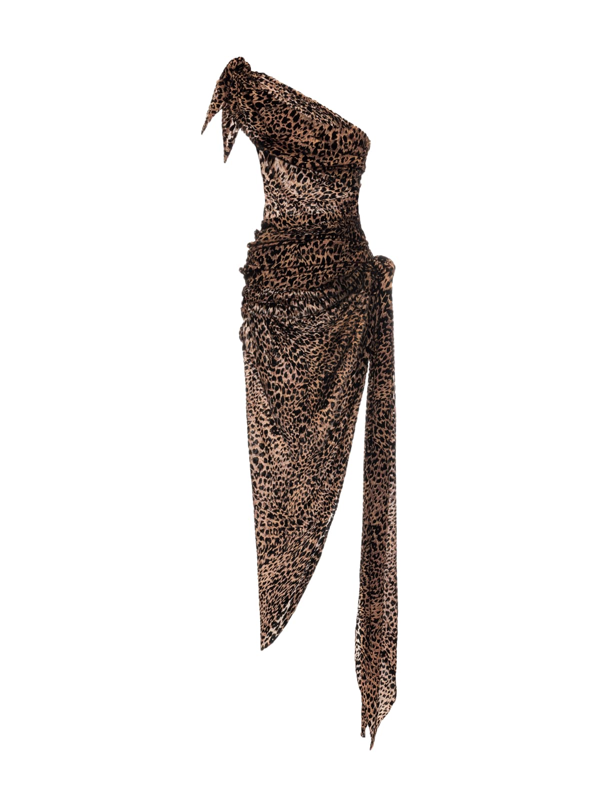 Owena One Shoulder Burnout Split Midi Dress In Leopard