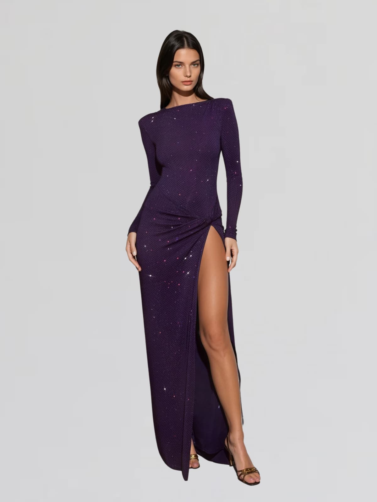 Oxavory Twisted Rhinestone Split Maxi Dress In Purple