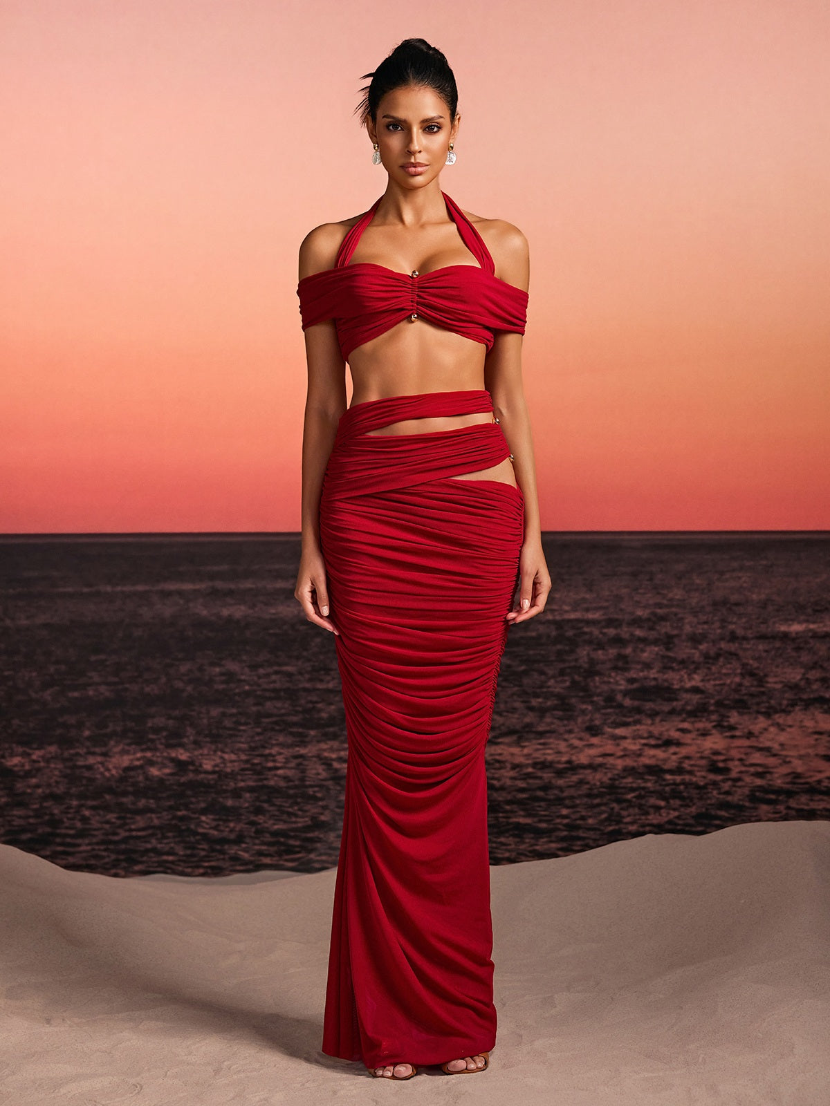 Paelyth Off Shoulder Cutout Ruched Skirt Set
