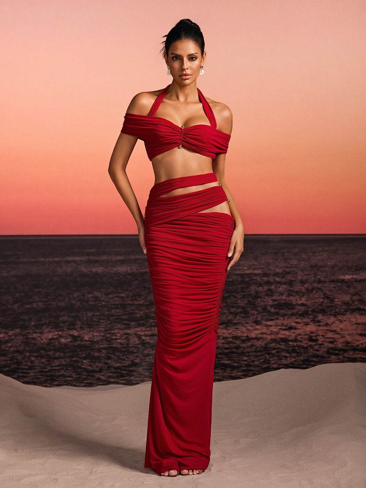 Paelyth Off Shoulder Cutout Ruched Skirt Set