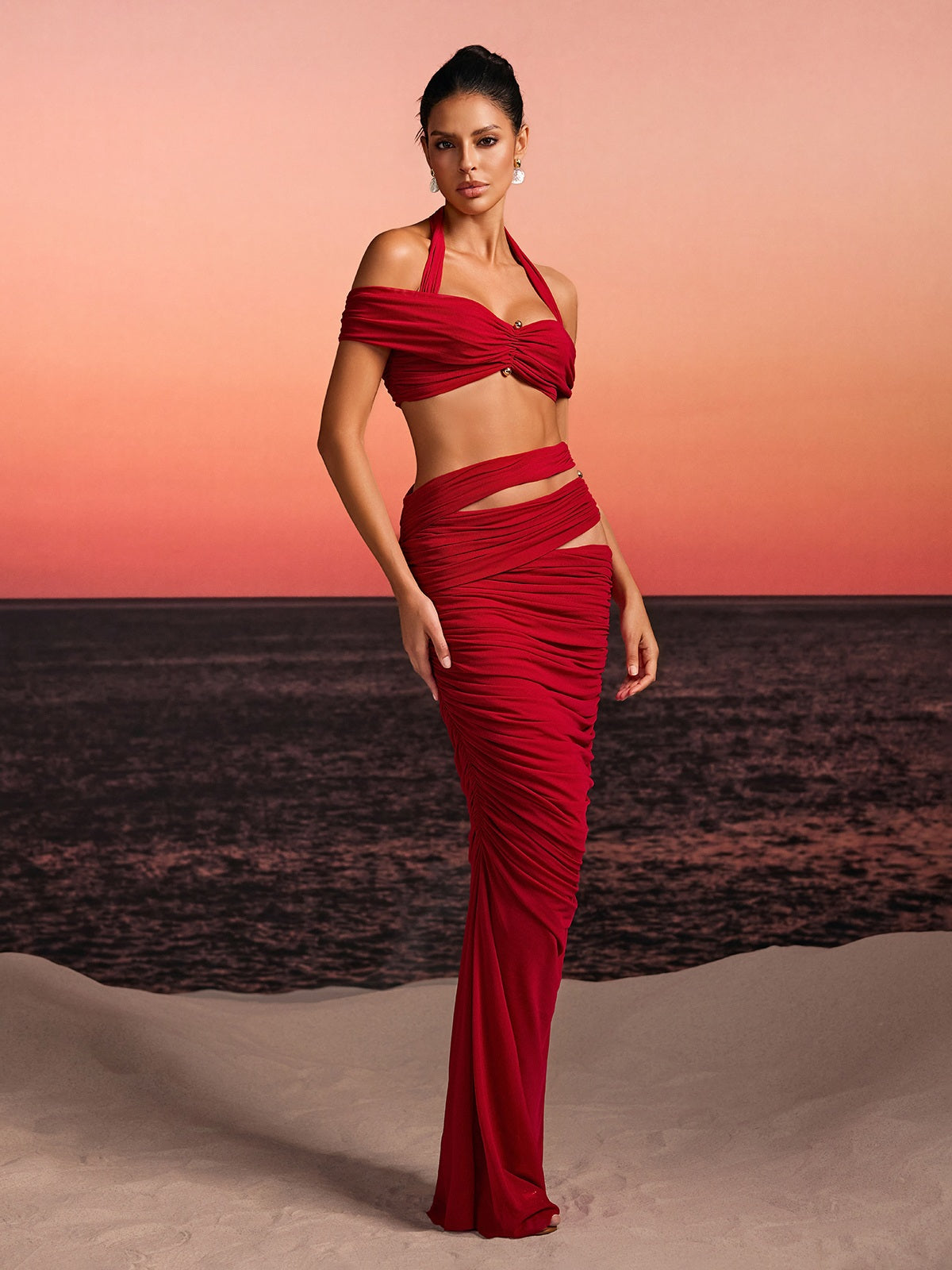 Paelyth Off Shoulder Cutout Ruched Skirt Set