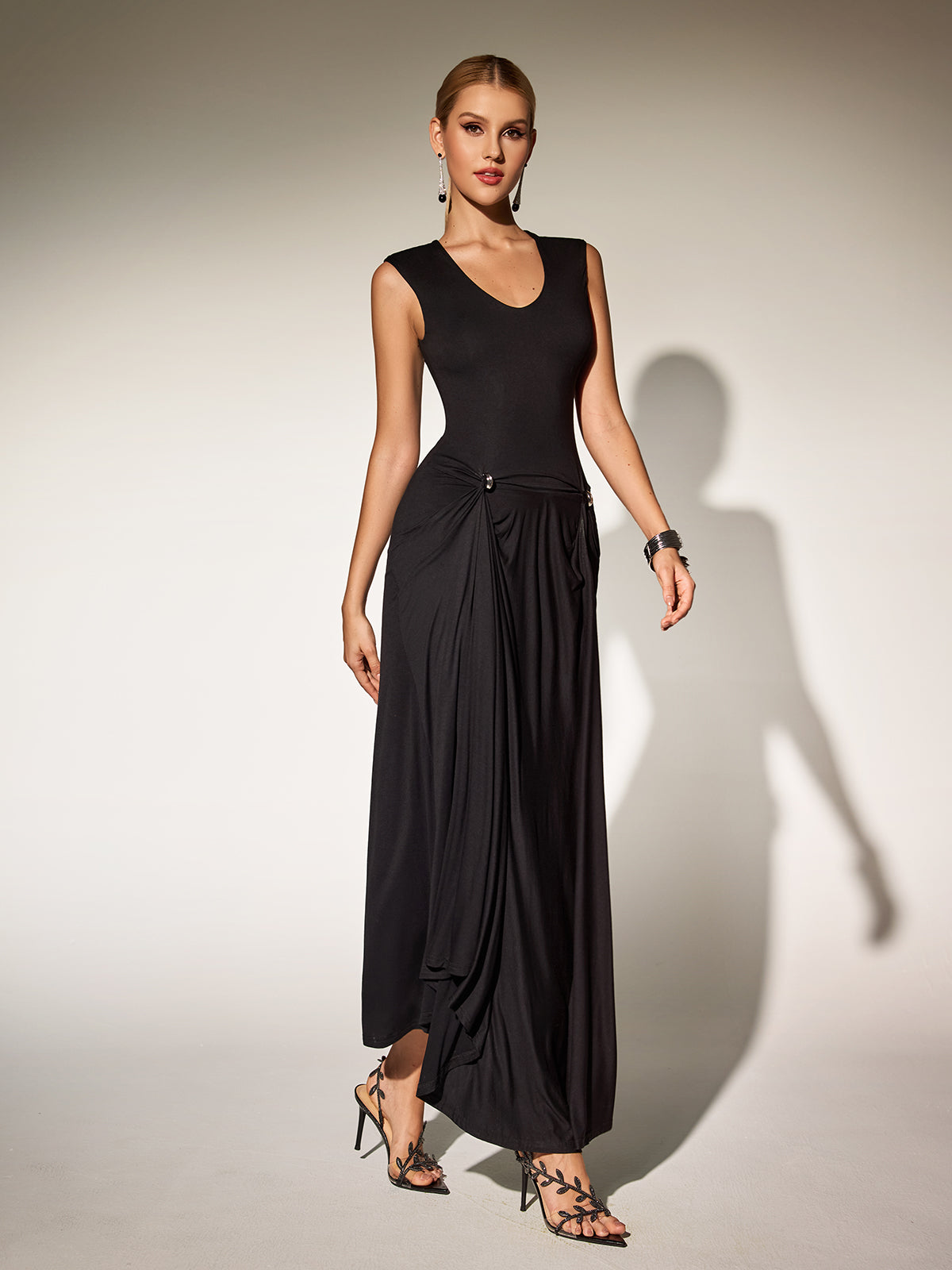 Paldor V Neck Ruched Maxi Dress In Black
