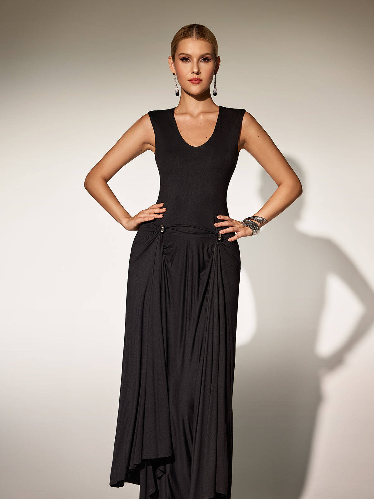 Paldor V Neck Ruched Maxi Dress In Black