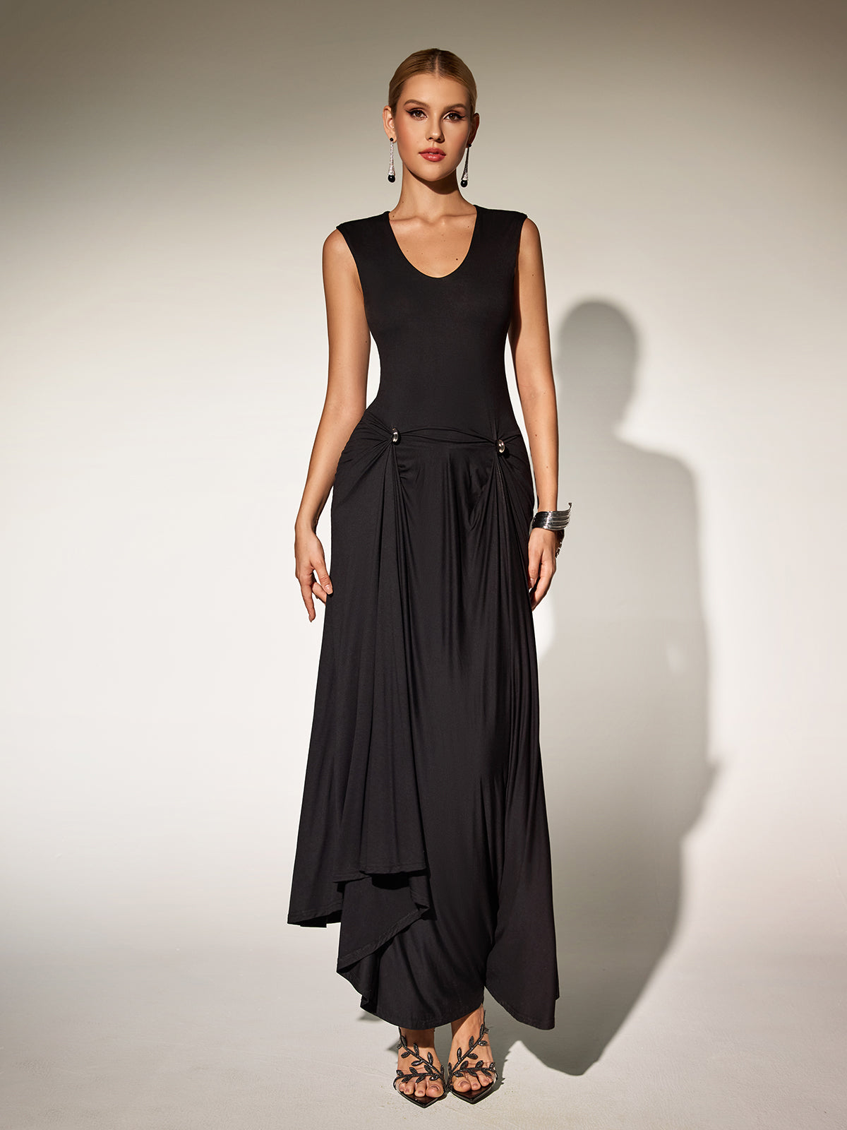 Paldor V Neck Ruched Maxi Dress In Black