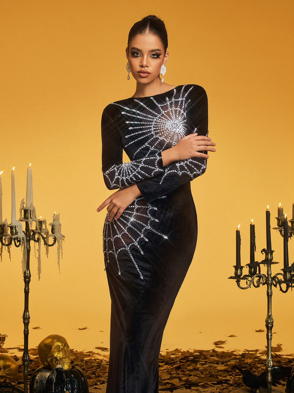 Pancho Long Sleeve Cobweb Velvet Maxi Dress