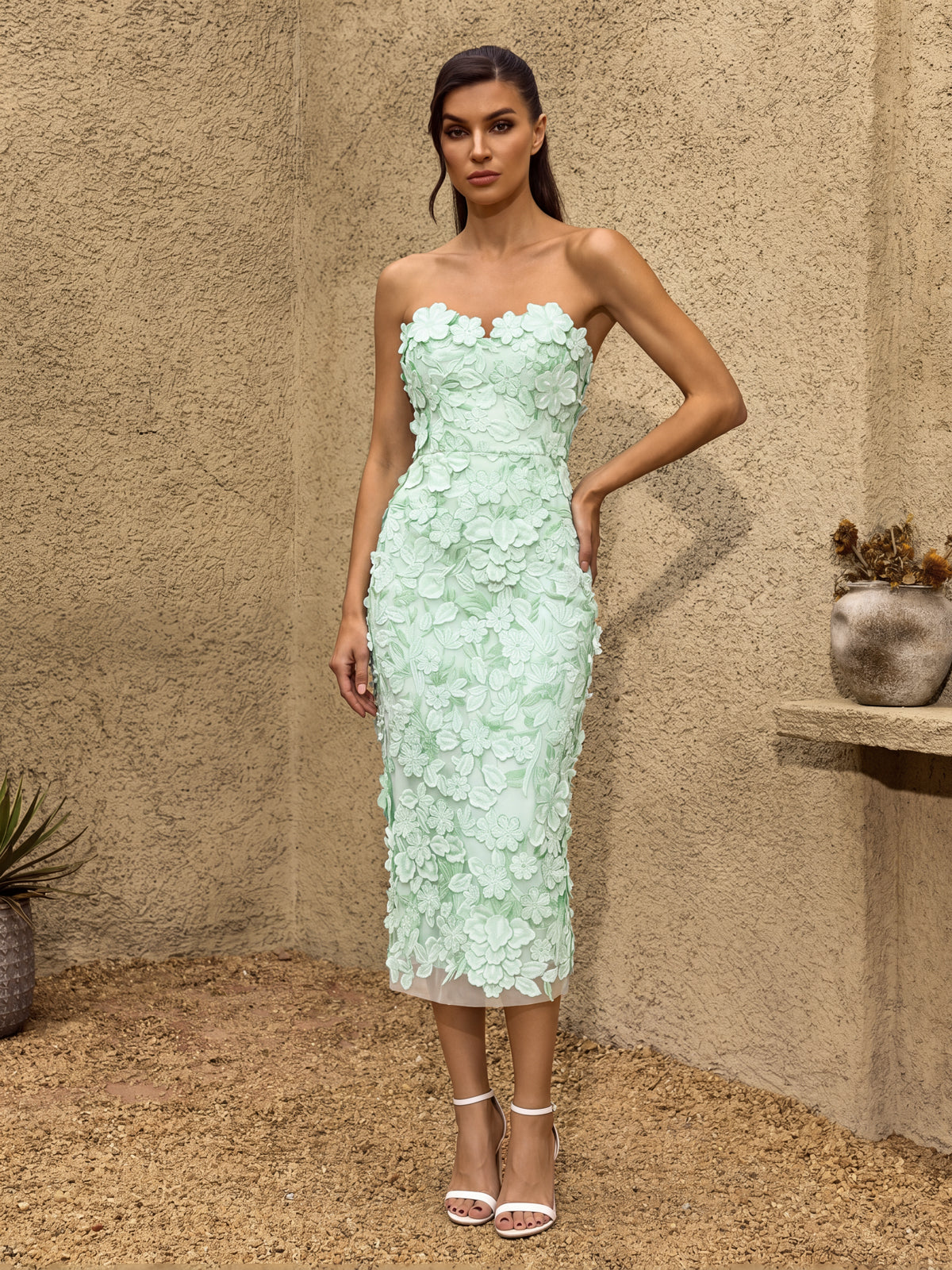 Pavex Strapless Flower Midi Dress In Green