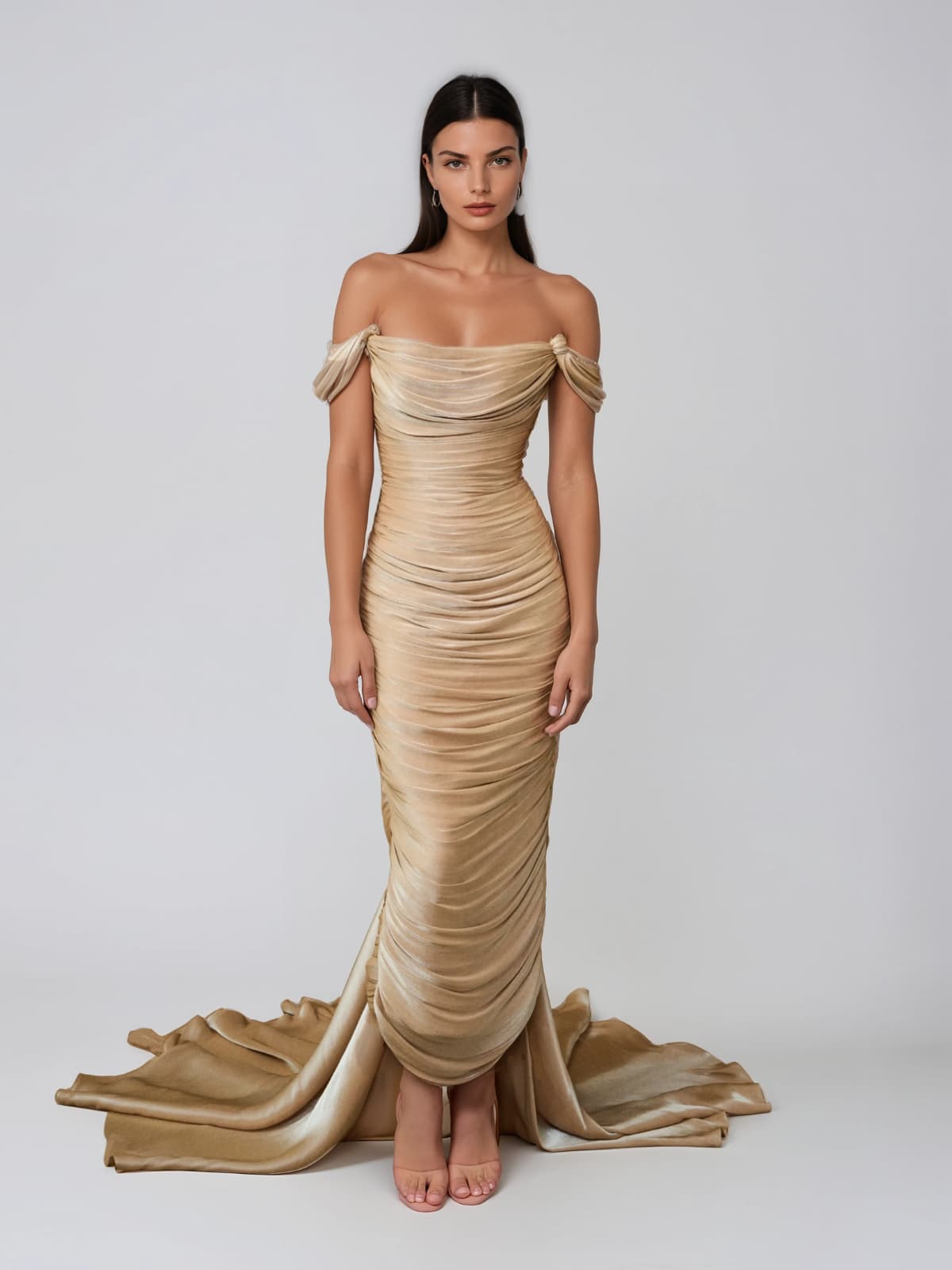 Perax Off Shoulder Ruched Mermaid Maxi Dress