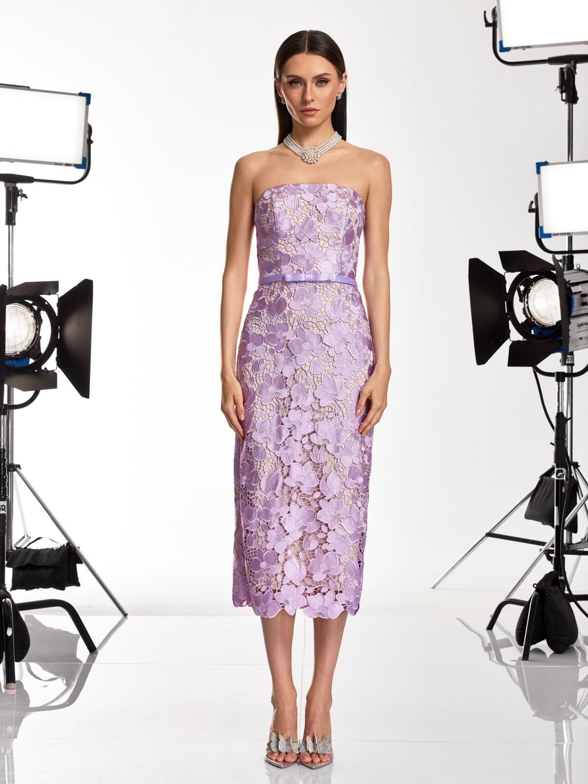Prylon Strapless Floral Cutout Midi Dress