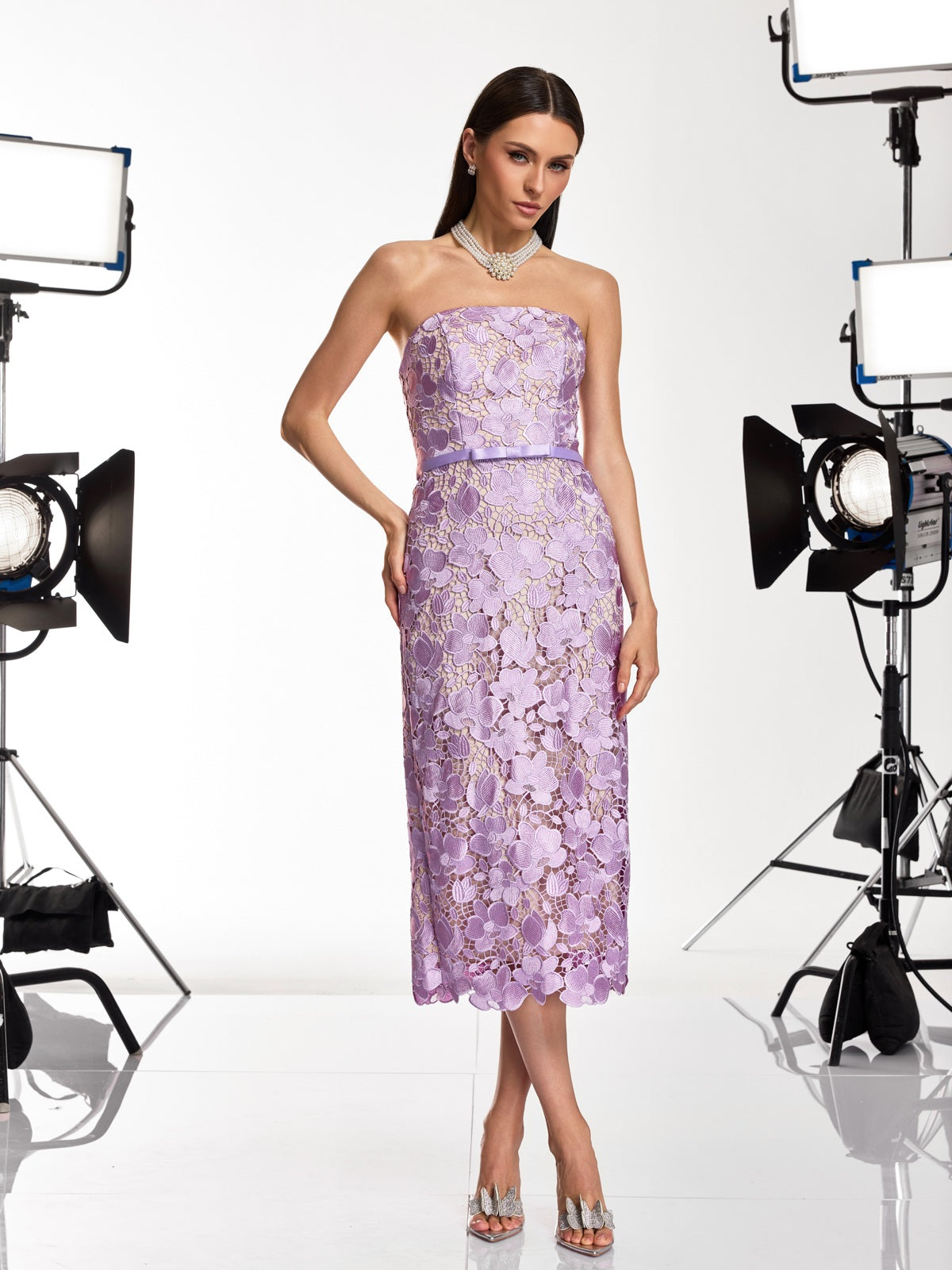 Prylon Strapless Floral Cutout Midi Dress