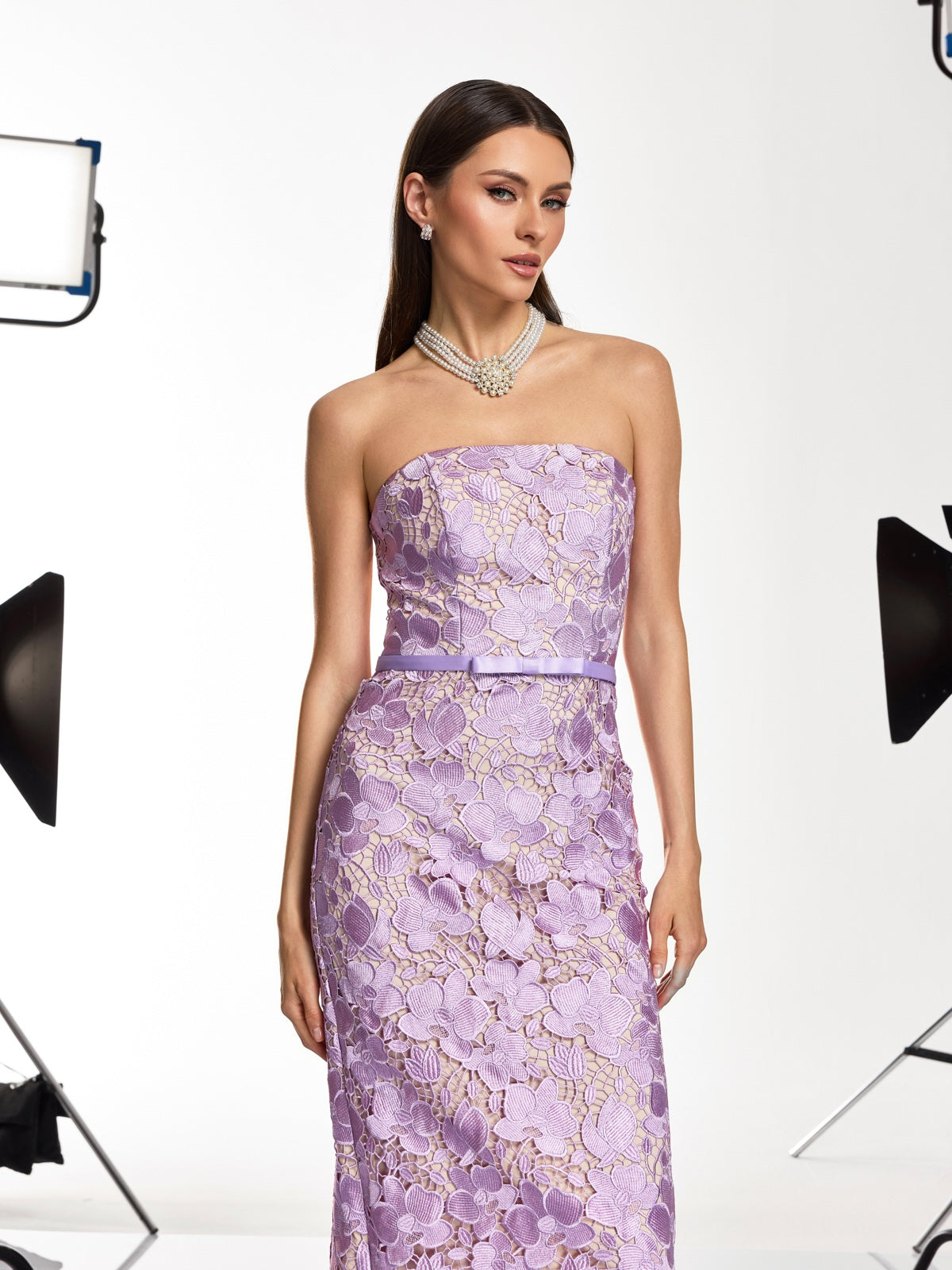 Prylon Strapless Floral Cutout Midi Dress