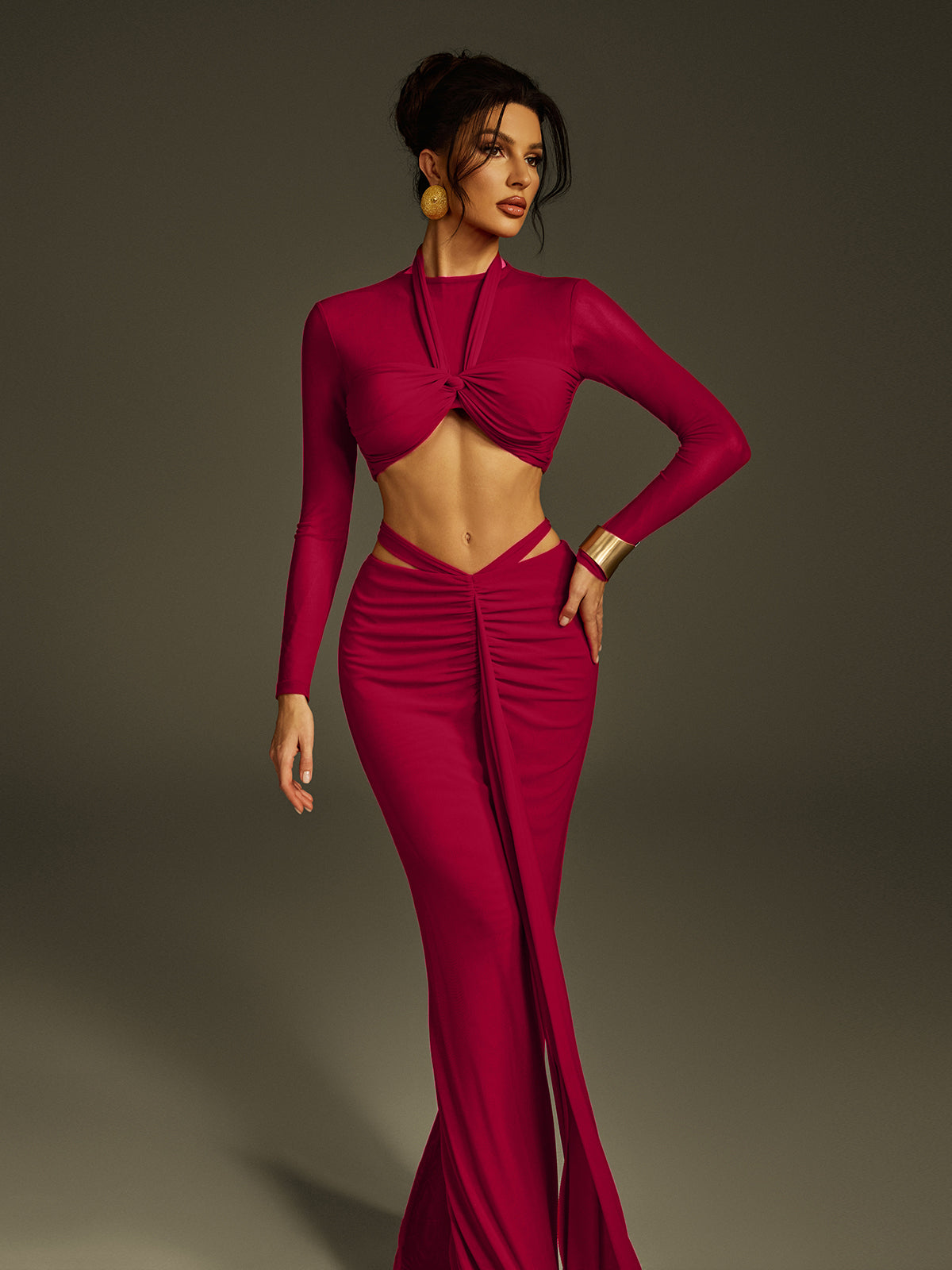 Pryssa Long Sleeve Ruched Draped Skirt Set