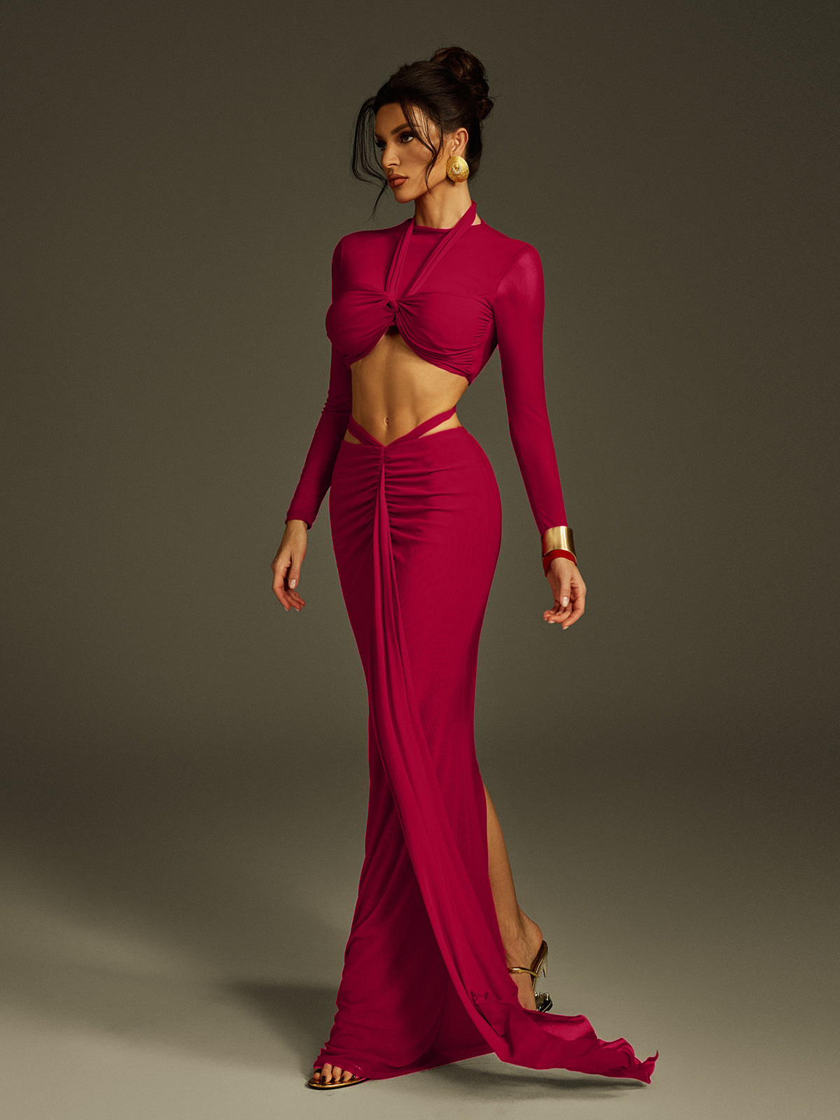 Pryssa Long Sleeve Ruched Draped Skirt Set