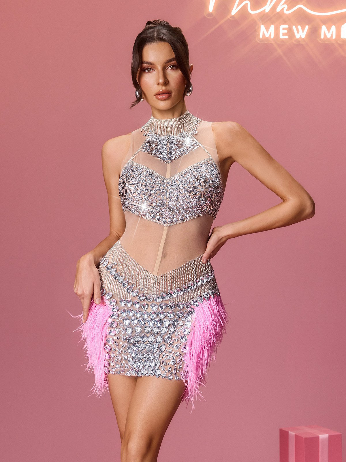 Pyxora Rhinestone Crystal Fringe Mini Dress