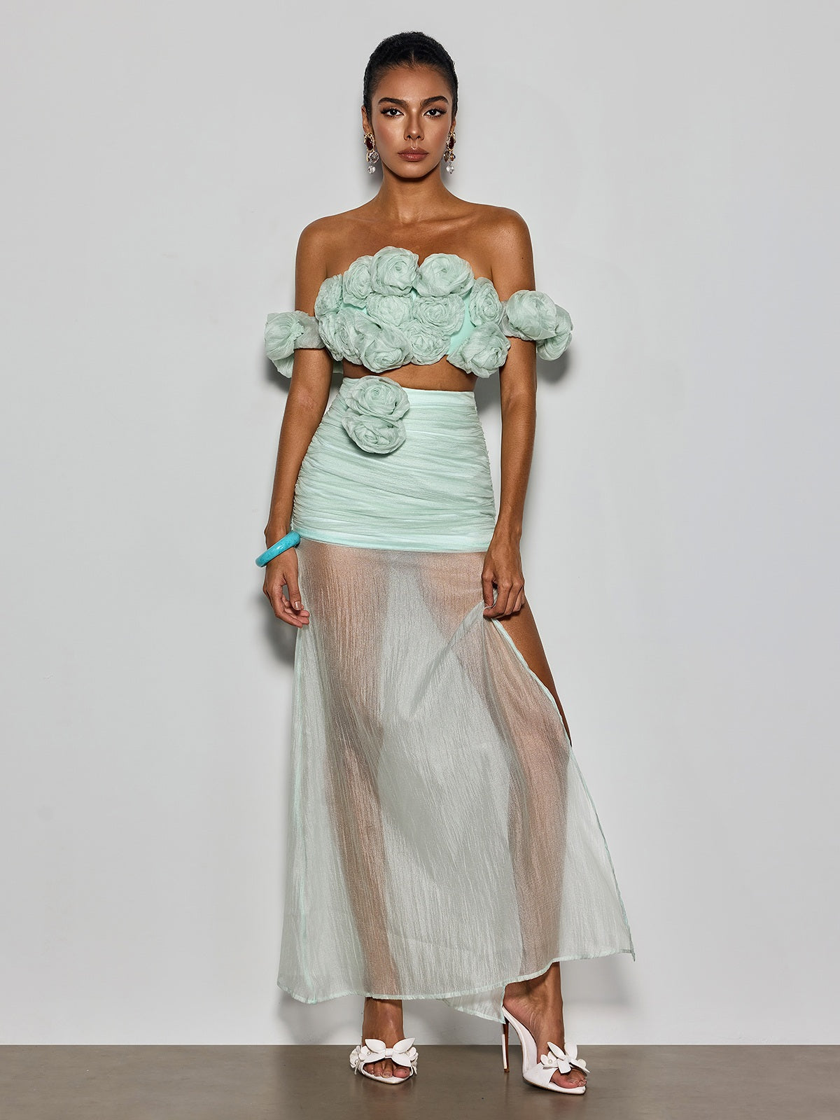 Qavrel Off Shoulder Flower Mesh Skirt Set