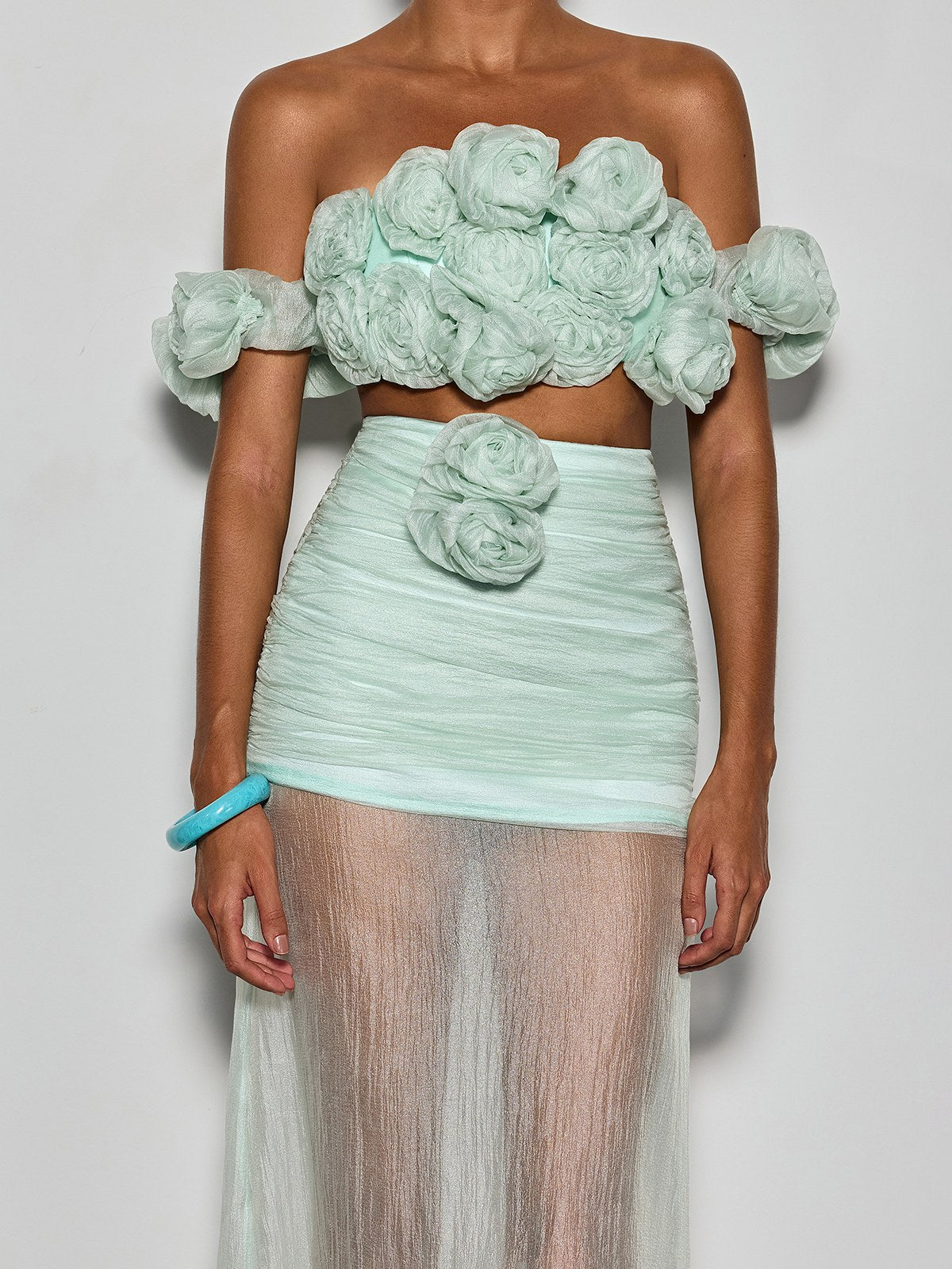 Qavrel Off Shoulder Flower Mesh Skirt Set