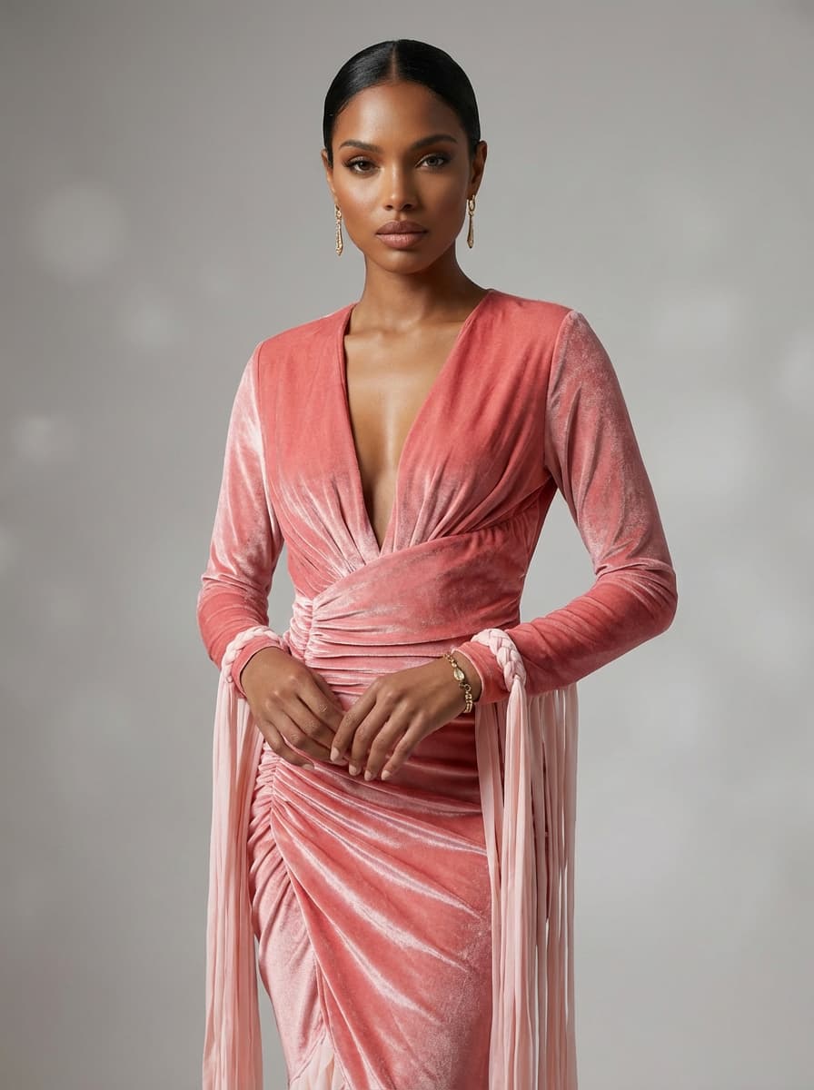Qgatex V Neck Ruched Fringe Maxi Dress