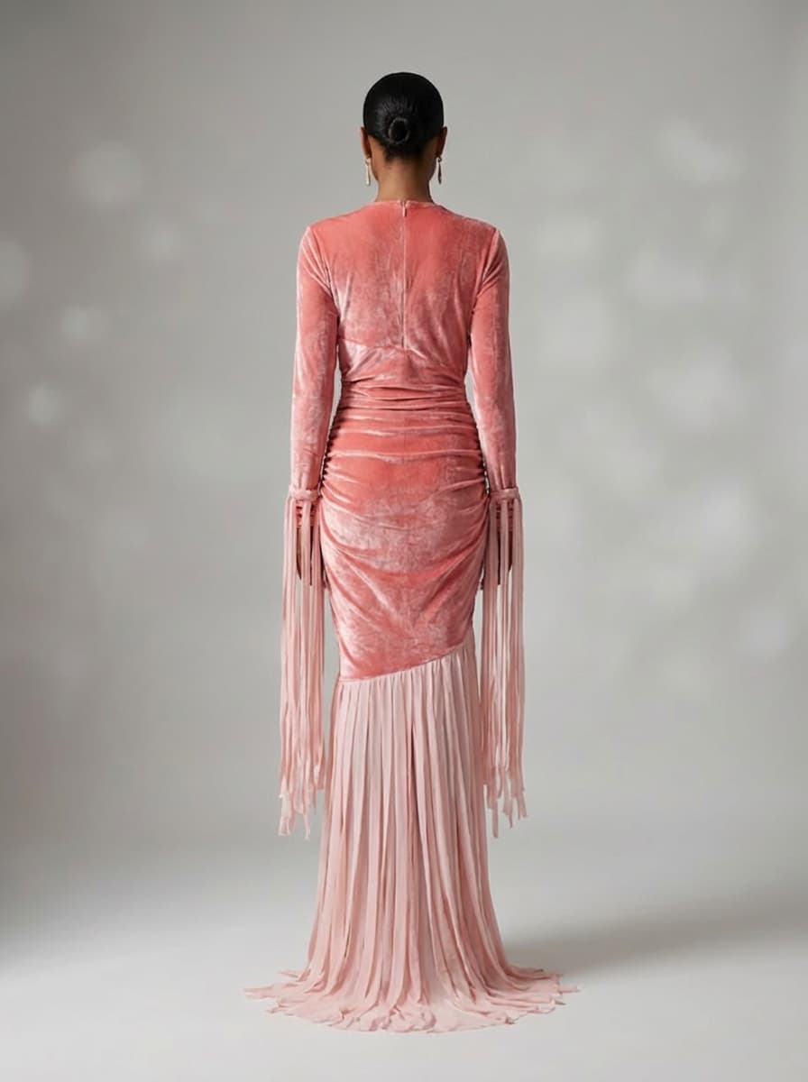 Qgatex V Neck Ruched Fringe Maxi Dress