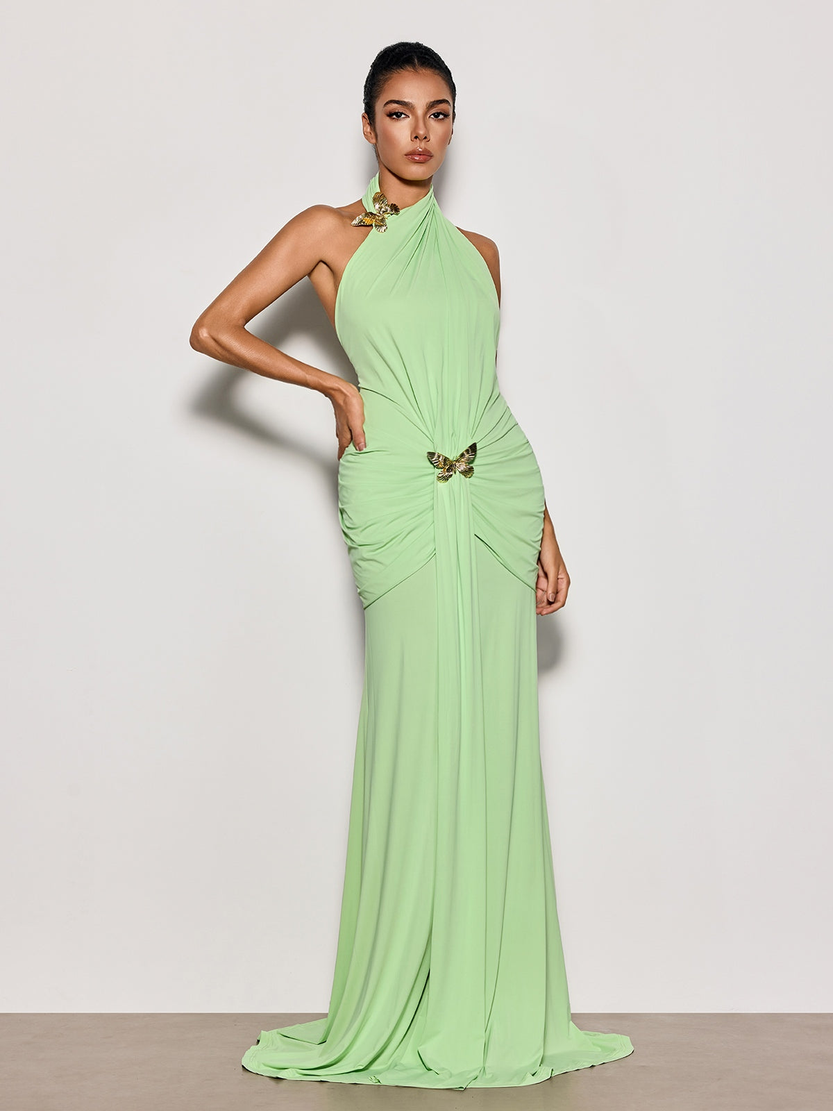 Qoryxa Backless Draped Butterfly Maxi Dress