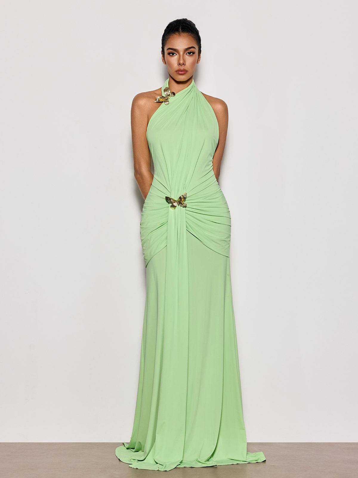 Qoryxa Backless Draped Butterfly Maxi Dress
