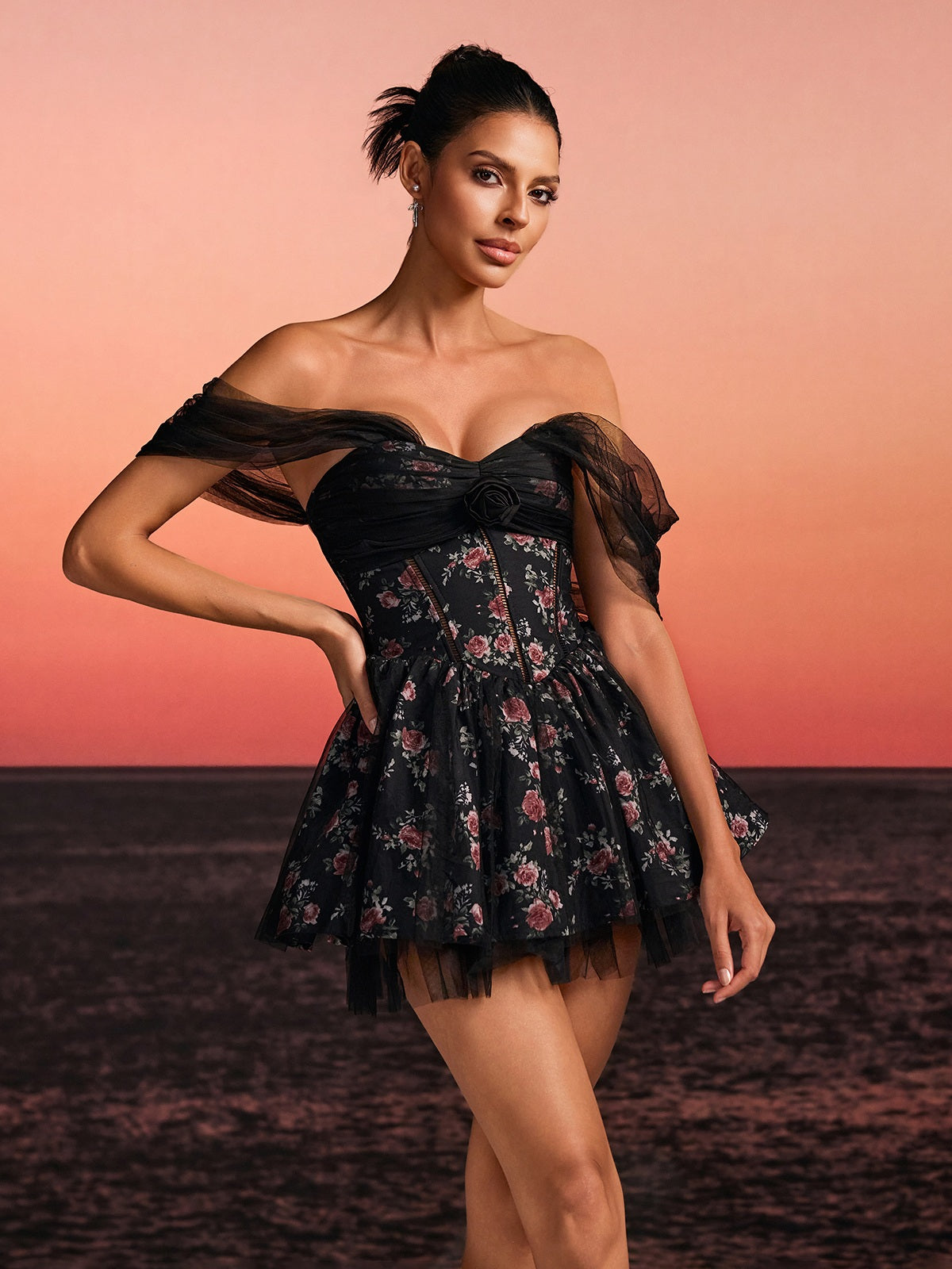 Quaris Off Shoulder Flower Tulle Mini Dress In Black