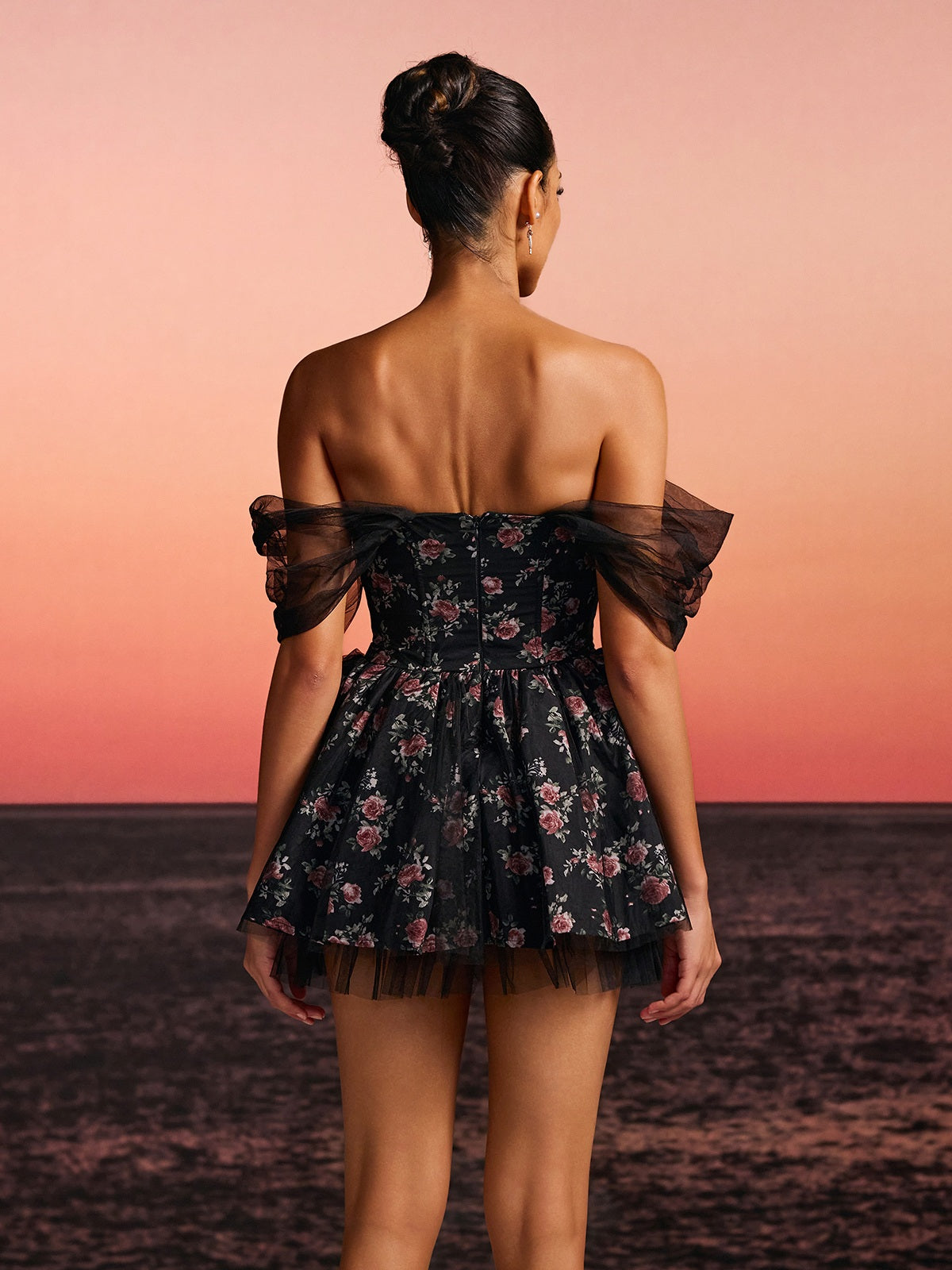 Quaris Off Shoulder Flower Tulle Mini Dress In Black