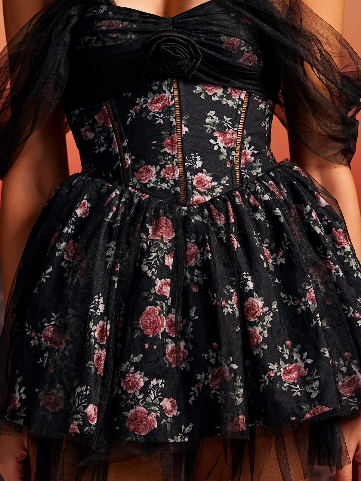 Quaris Off Shoulder Flower Tulle Mini Dress In Black