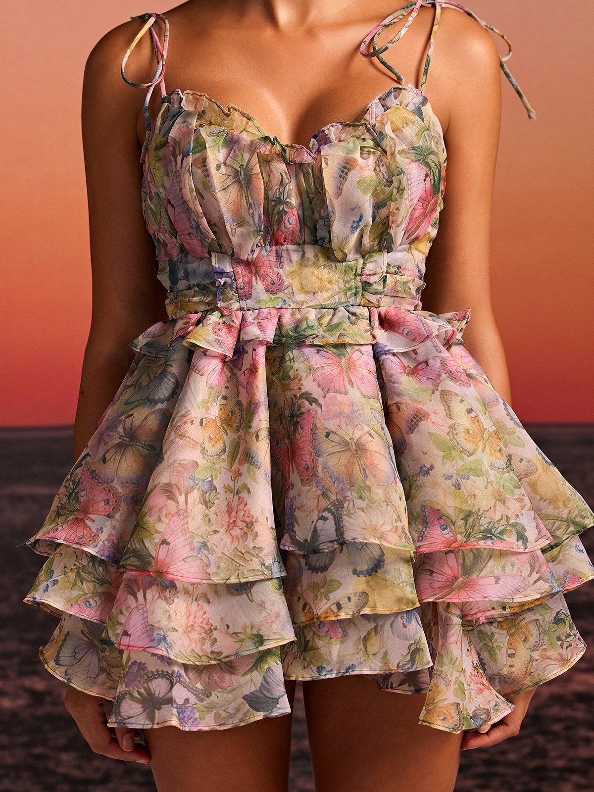 Quarn Lace Up Butterfly Printed Mini Dress
