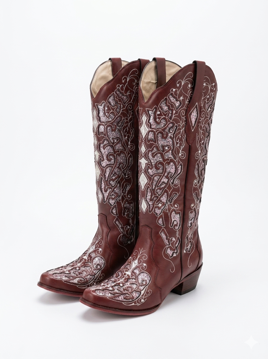 Quasil Rhinestone Floral Leather Boots