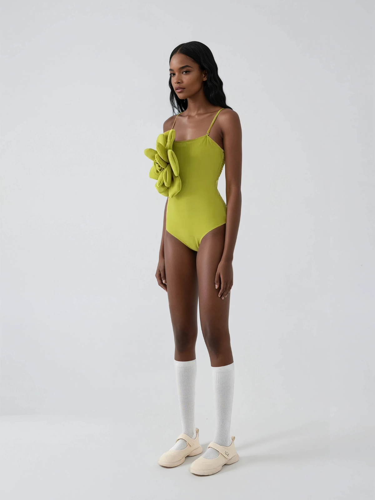 Quendil Spaghetti Flower Bodysuit In Chartreuse