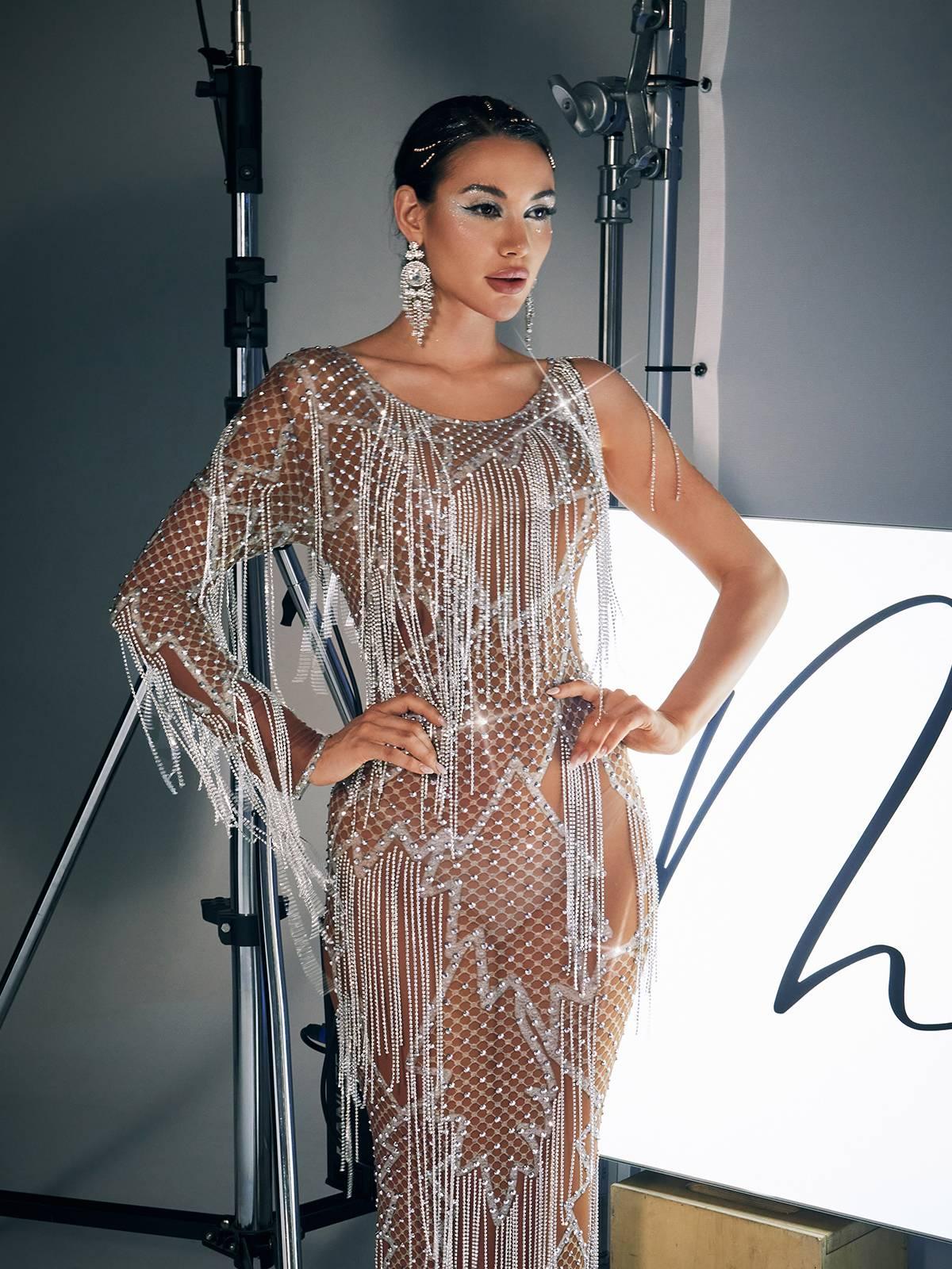 Quentin Printed Rhinestone Fringe Maxi Dress