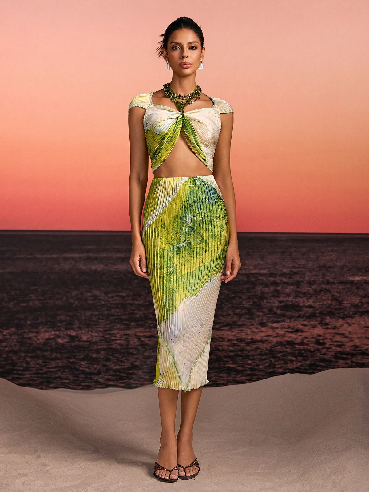 Quiron Pleated Printed Skirt Set